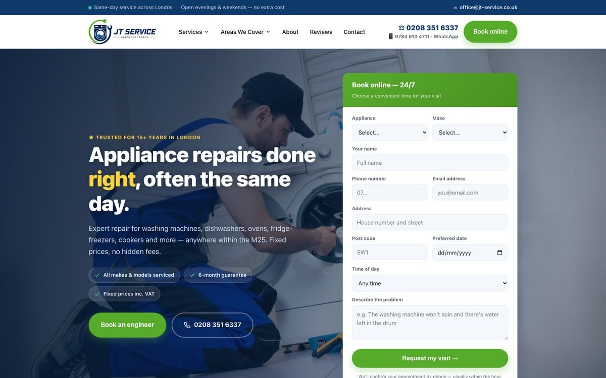 The JT Service appliance repair website